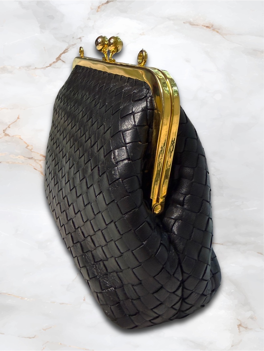 Vintage Black Woven Leather Kiss Lock Frame Bag 2 Way • Clutch Shoulder Purse - Picture 14 of 15